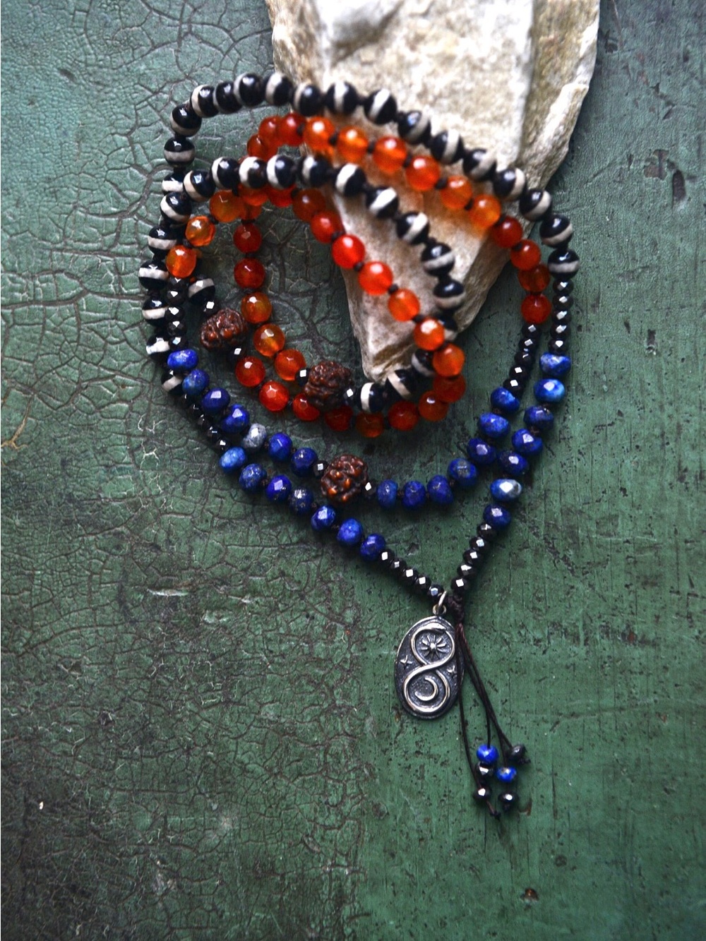108 Bead Mala Necklace with Lapis & Carnelian Beads/ 925 silver infinity snake